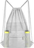 NATURAL STYLE Mesh Drawstring Backpack Bag, Gym Sports Bag with Zipper Pocket Bottle Holder, String Beach Bag for Swiming Travel (Grey)