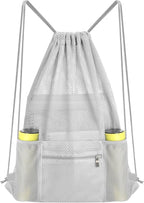 NATURAL STYLE Mesh Drawstring Backpack Bag, Gym Sports Bag with Zipper Pocket Bottle Holder, String Beach Bag for Swiming Travel (Grey)