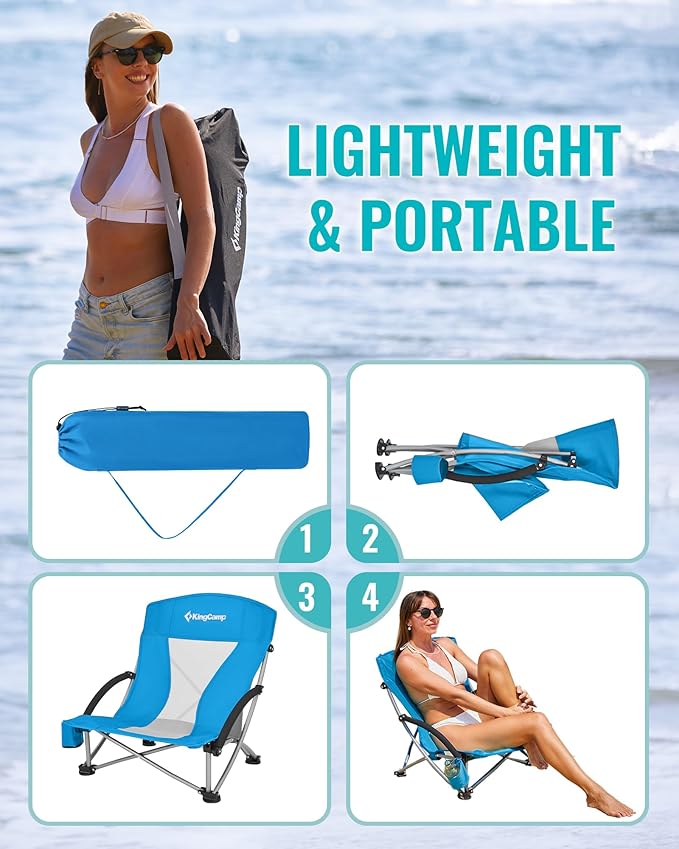 KingCamp Low Beach Chair, High Back Folding Camping Chair for Adults, Oversized Breathable Mesh Seat, 300lbs Heavy Duty Portable Chair with Cup Holder & Storage Pockets for Beach, Outdoor