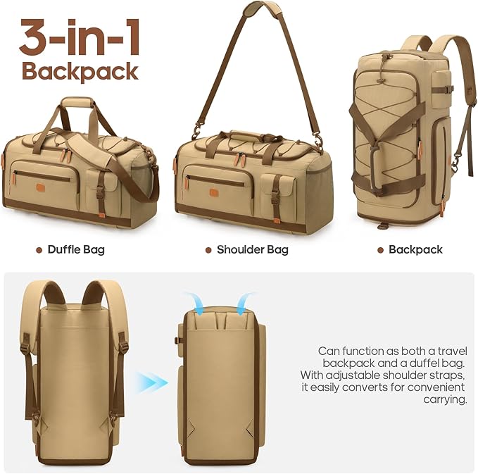 Gym Bag for Men and Women with Shoe & Laptop Compartment, 3-in-1 Sports Travel Duffel Bag Anti-Theft Weekender Carry-on Backpack for Airplane & Workout, Overnight Travel Bag, 35L, Khaki, Medium