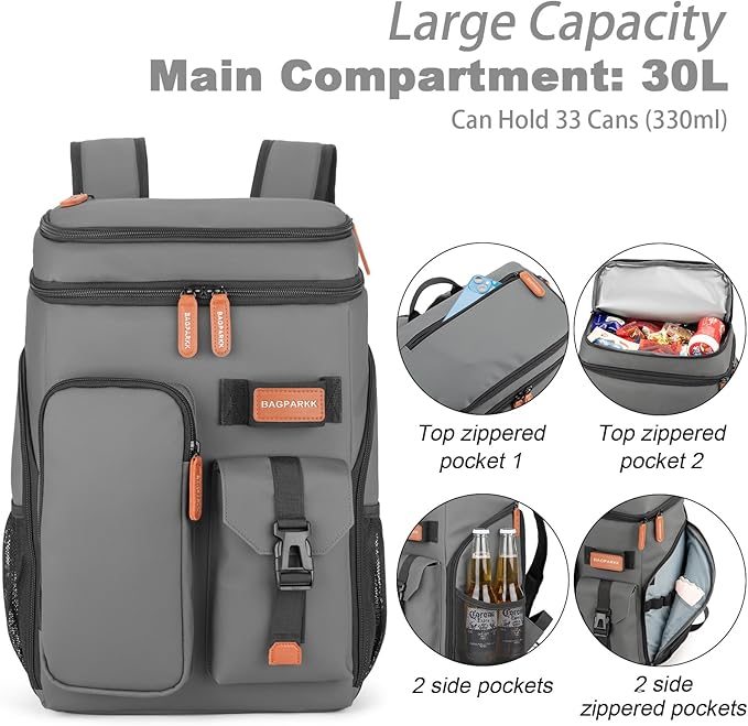 BAGPARKK Insulated Cooler Backpack,33/45 Cans Multifunctional Double Deck Leakproof Cooler Bag with Sternum Strap,Large Capacity Lightweight Travel Camping Beach Backpack