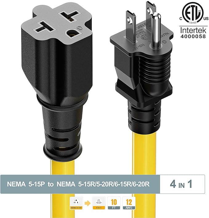 [10-Feet] NEMA 5-15P to 5-15R/ 5-20R/ 6-15R/ 6-20R AC Adapter, Plugrand 12AWG 15 Amp Household AC Plug to 20 Amp T Blade Adapter Cable, 15A 125V to 20A 250V Extension Cable, 10FT