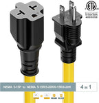 [10-Feet] NEMA 5-15P to 5-15R/ 5-20R/ 6-15R/ 6-20R AC Adapter, Plugrand 12AWG 15 Amp Household AC Plug to 20 Amp T Blade Adapter Cable, 15A 125V to 20A 250V Extension Cable, 10FT