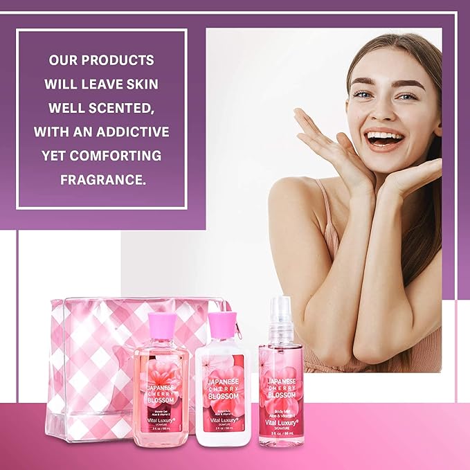 Bath and Body Care Travel Set - Home Spa Set with Body Lotion, Shower Gel and Fragrance Mist, Personal Body Care Travel Set for Birthday Christmas New Year Gifts(Japanese Cherry Blossom)