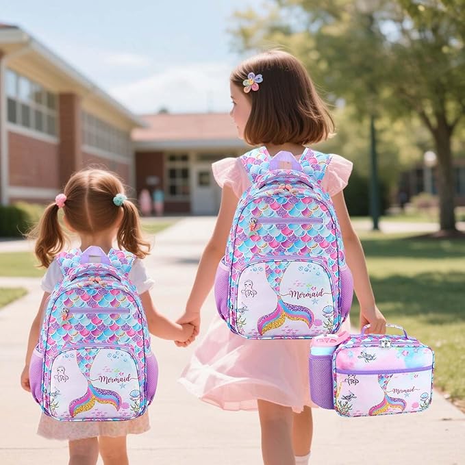 RHCPFOVR Kids Backpack for Girls - Girls Backpack 3-8 Ages Mermaid for Kids 15 Inch School Bookbag for Kindergarten Elementary School Bookbag for Girl 1st 2nd Grade