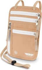HERO Neck Wallet - RFID Blocking Passport Holder, Easy to Conceal Travel Pouch (Beige)