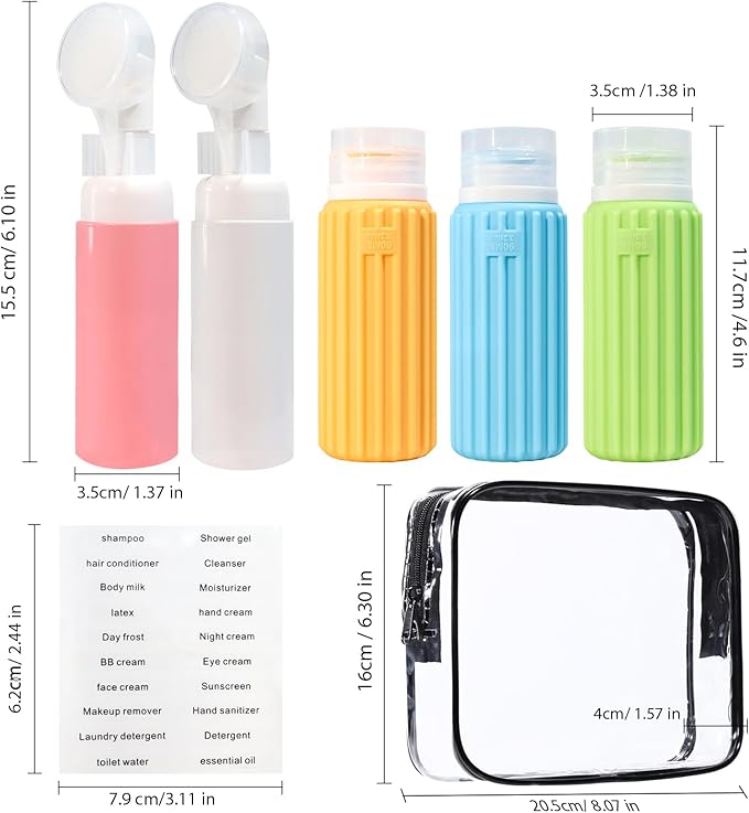 HEYMKGO 5 Pack Travel Bottles Set - 3 Leak Proof Silicone Squeezable Containers for Toiletries,2 Pump Bottles, Conditioner, Shampoo, Face & Body Wash Accessories