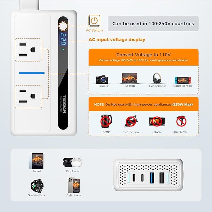 220V to 110V Voltage Converter US to Europe, TESSAN 250W Universal Travel Adapter with 4 USB Ports QC 3.0 PD 36W and EU/UK/AU/IT/India International Power Adaptor, Converter for European Travel