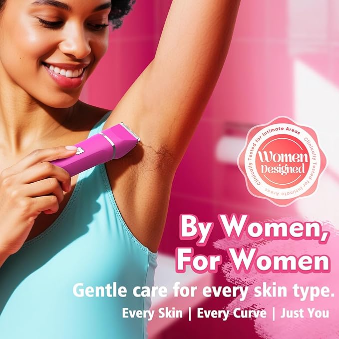 Bikini Trimmer for Women - IPX7 Waterproof Pubic Hair Remover for Shower & Travel, 3-in-1 Bikini Trimmer with Body/Round/Curved Heads, Hypoallergenic Foil & Ceramic Blades, Self-Care Gifts for Women
