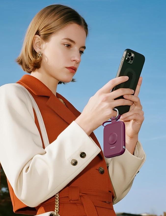 RORRY CharmGo Portable Charger, 5000mAh Portable Charger Power Bank with Built-in Cables, Travel Keychain Battery Pack for Apple Watch and iPhone Air/17/16/15/14/13/12, Burgundy