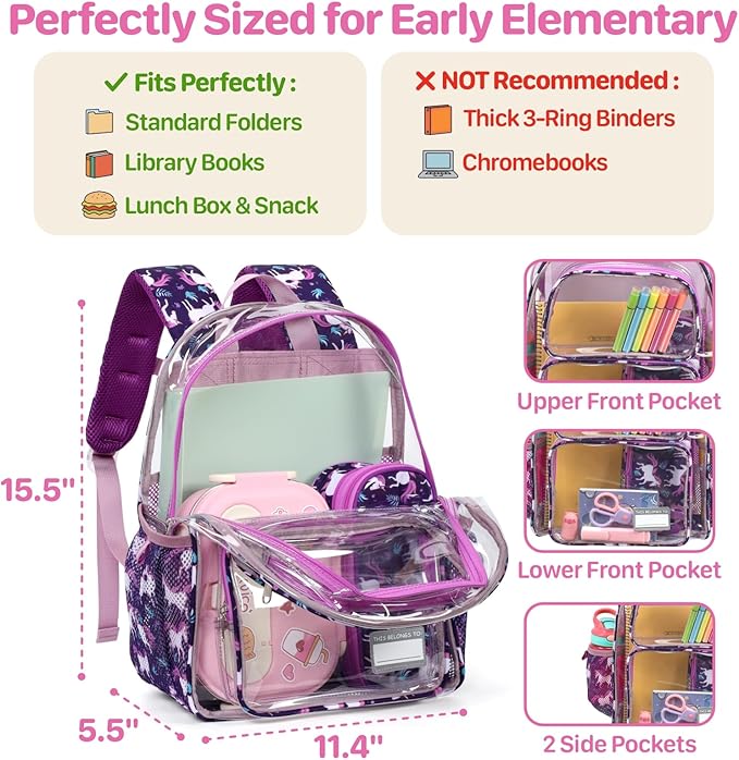 Bagseri Clear Backpack for Girls - 15 Inch Heavy Duty Kids Clear Bookbag for Kindergarten to Grade 2, Transparent School Bag with Reflective Strip, Fits Folders, Deep Purple Unicorn