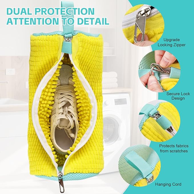 Shoe Washing Machine Bag 4pcs Reusable Sneaker Washing Bag with Built-in Fluffy Brushes for 360° All-Around Cleaning. Laundry Shoe Bag is Designed for Washer and Dryer （Yellow 4pcs）