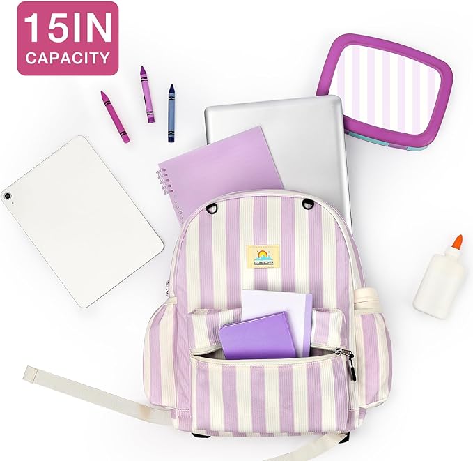 STEAMEDBUN Corduroy Kids Backpack for Girls and Boys 5-8: Girls Backpack for Elementary Kindergarten - 15 inch Cute Backpacks for Kids - Stripe