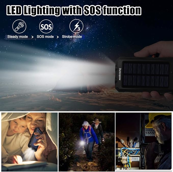 Solar Charger Power Bank, 8000mAh Portable Outdoor Waterproof Solar Battery Charger, Camping External Backup Battery Pack USB C Ports Input/Output, 2 Led Light Flashlight with Compass (Black)