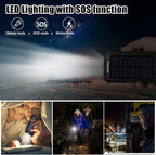 Solar Charger Power Bank, 8000mAh Portable Outdoor Waterproof Solar Battery Charger, Camping External Backup Battery Pack USB C Ports Input/Output, 2 Led Light Flashlight with Compass (Black)