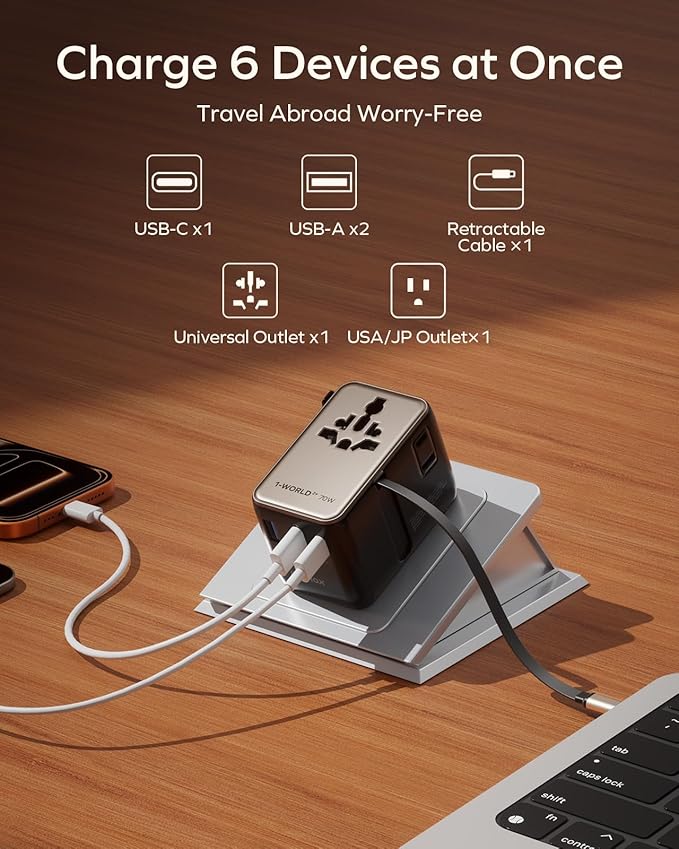 MOMAX 70W Universal Travel Adapter, 6-in-1 International Power Adapter with USB-C Retractable Cable, Dual-AC Plug Adapter PD Fast Charging Worldwide Wall Charger for US/UK/EU and Over 200 Countries
