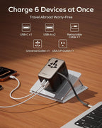 MOMAX 70W Universal Travel Adapter, 6-in-1 International Power Adapter with USB-C Retractable Cable, Dual-AC Plug Adapter PD Fast Charging Worldwide Wall Charger for US/UK/EU and Over 200 Countries