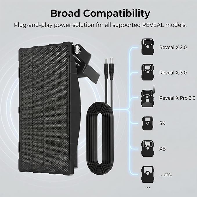 Solar Panel Charger Compatible with Reveal Cellular Trail Cameras X 2.0, X 3.0, X Pro 3.0, Gen 1, SK, XB | 12V Solar Power Supply with Built-in Rechargeable Battery