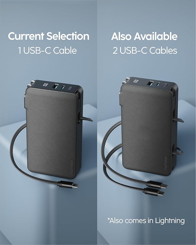 myCharge RetractaCharger 10000mAh Portable Charger Power Bank with 28-Inch Retractable USB-C Cable | Premium Fabric | Built-in Wall Plug | 30W PD Fast Charging | USB-C/A Ports | Digital Display