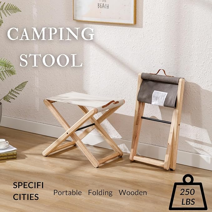 Folding Canvas Camp Stools Set of 6, Wood Folding Camping Stool Patio Portable Foot Stool for Garden Outdoor Fishing Picnic Travel BBQ, Grey
