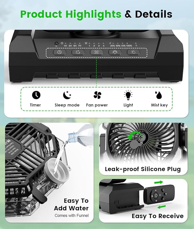 Camping Misting Fan - Portable Rechargeable Fan with 8.9oz Tank, Light, Hook - Battery Power 120H MAX Working, Fast Cooling, 4 Speed, Timer, Sleep Mode, for Outdoor, Travel, Patios, Beach