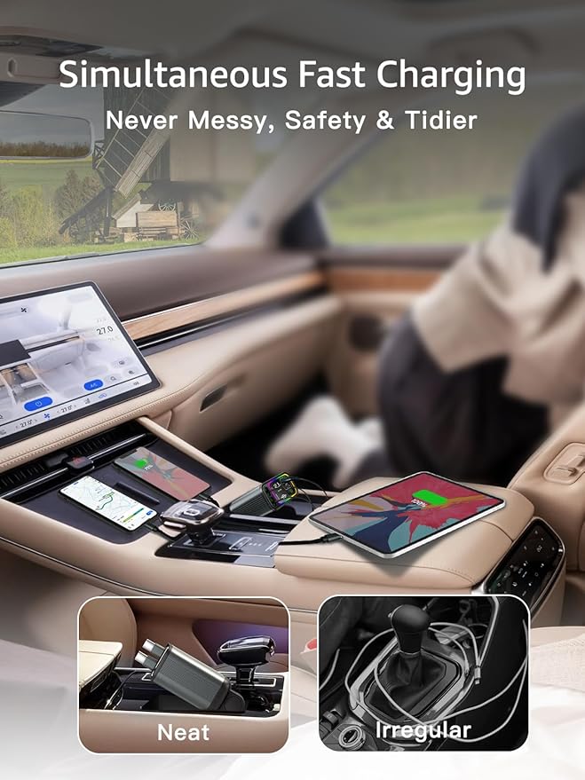 Retractable Car Charger USB C,145W Type C Car Charger Fast Charging with Dual Retractable USB C Cable and USB Ports for iPhone 17/16/15,S25/24/23/22, Pixel 9/8/7(Build-in Dual Type C Cable)