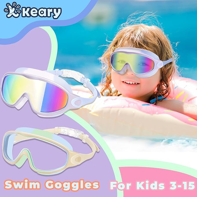 Keary 2 Pack Kids Swim Goggles for 3-15 UV Protection Anti-Fog Pool Water Swimming Goggles For Boys Girls Youth Toddler