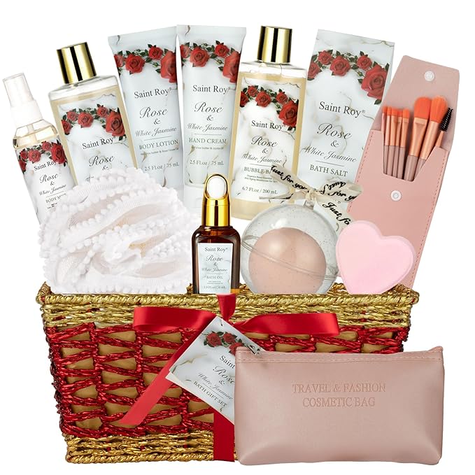 Mothers Day Gifts for Women, 21 Pcs Large Spa Basket Gift for Women, Red Rose Bath and Body Basket Gift, Skin Care, Home Spa Self Care, Bath Kit, Birthday, Christmas, Bridal Shower, Anniversary