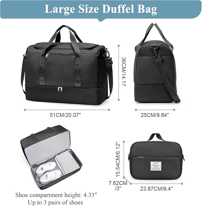 Large Travel Duffle Bag,Carry on Overnight Weekend Bag with Shoes Compartment,Weekender Bags for Women for Travel Business Trips Sport Hospital,2Pcs,Black