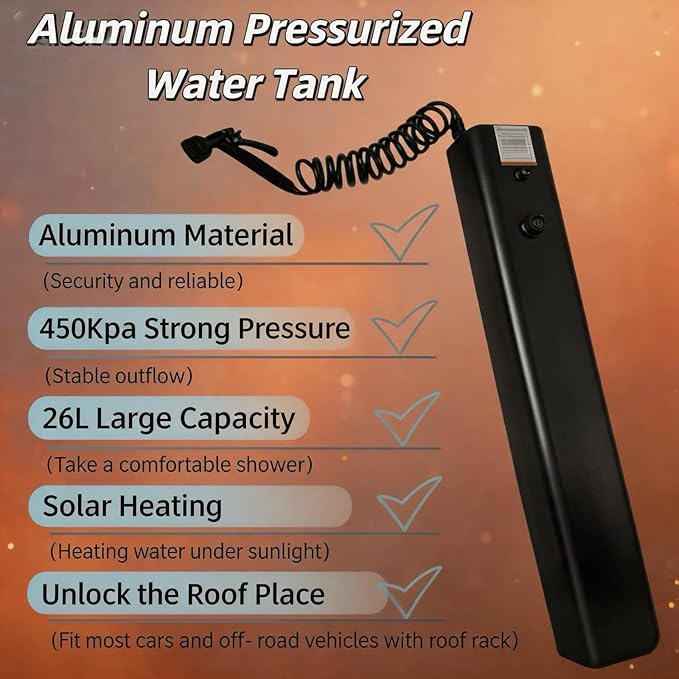 4.5-9 Gallon Pressurized Water Tank,Portable Aluminum Camping Shower Water Storage with Spray Hose for Overland Off-Road Vehicles, Pick-up Trucks,Outdoor Activities Water Supply.
