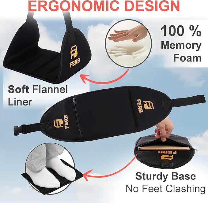 FERB Airplane Portable Footrest - Travel Foot Hammock with Memory Foam for Comfort | Adjustable Office Footrests for Airplane, Train, Bus | Lightweight Travel Accessory (Pack of 1)