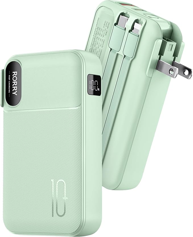 RORRY Portable Charger Built in Cables, AC Wall Plug In Portable Charger Power Bank 10000mAh Travel Battery Pack 22.5W Fast Charging for iPhone 17/16/15 Samsung Galaxy S25/S24/S23 Pixel LG iPad, Green