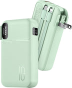 RORRY Portable Charger Built in Cables, AC Wall Plug In Portable Charger Power Bank 10000mAh Travel Battery Pack 22.5W Fast Charging for iPhone 17/16/15 Samsung Galaxy S25/S24/S23 Pixel LG iPad, Green