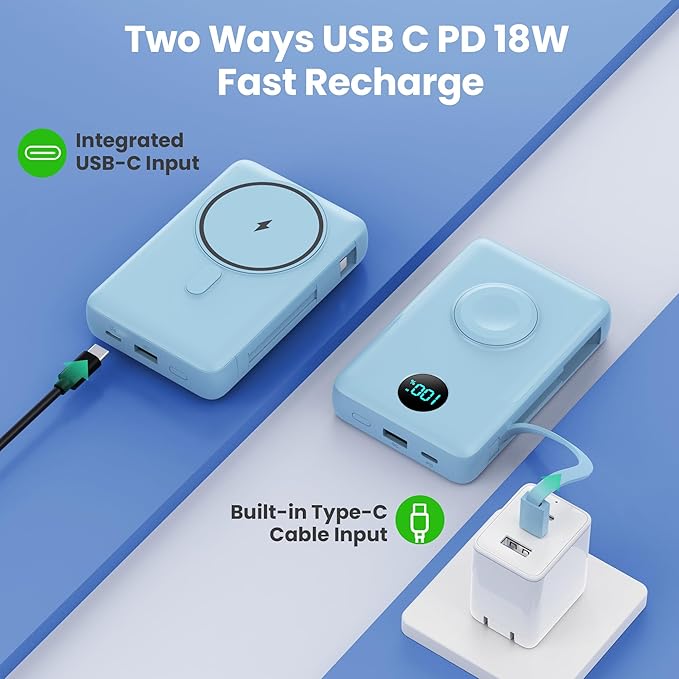 6 in 1 Magnetic Portable Charger for iPhone with Built-in Cables, 10800mAh 25W PD Fast Charging Power Bank, 6 Outputs LCD Display Travel Essential Battery Pack for iPhone 17/16/15/14/13/12 (Sky Blue)