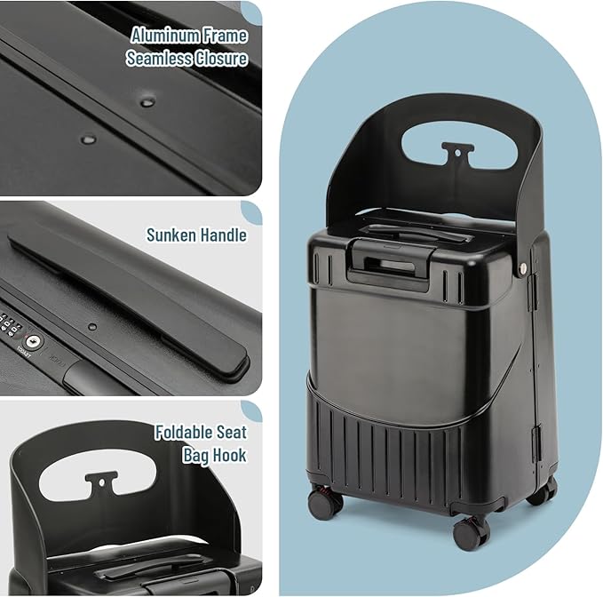 Apelila Hardside 22'' Luggage with Seat for Kids & Adults, 360° Lockable Spinner Wheels Travel Suitcase with TSA Approved Lock and Seat Belts(Black, 22-Inch)