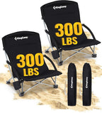 KingCamp Low Beach Chair, High Back Folding Camping Chair for Adults, Oversized Breathable Mesh Seat, 300lbs Heavy Duty Portable Chair with Cup Holder & Storage Pockets for Beach, Outdoor