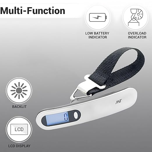 ANT Digital Luggage Scale 50kg – Portable High-Precision Travel Weight Scale with Backlit LCD, Strap Hook, Tare & Unit Switch – Ideal for Flights, Suitcases, Parcels – White