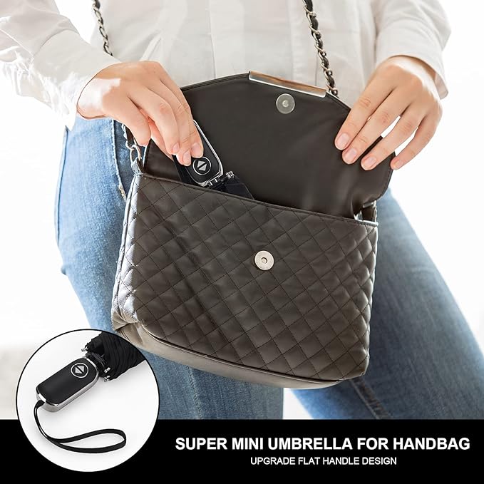 Compact Travel Umbrella for Purse - Flat Handle, Waterproof for Light Rain