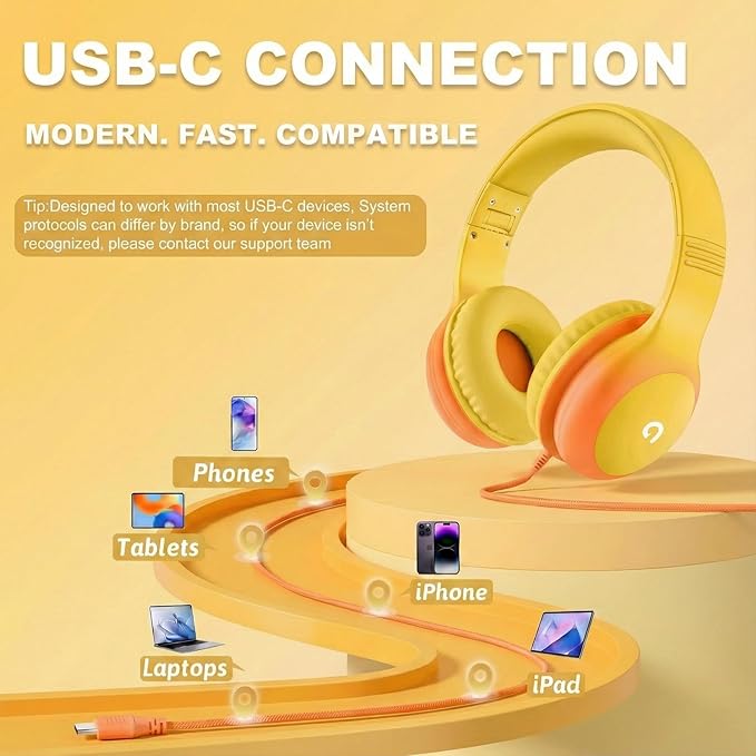 ADOOPE Wired Kids Headphones with USB C Plug, 85dB Safe Volume, Adjustable Headband, Tangle-Free Cord Headphones for School, Tablet, Travel (Yellow & Orange, Without Microphone)
