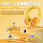 ADOOPE Wired Kids Headphones with USB C Plug, 85dB Safe Volume, Adjustable Headband, Tangle-Free Cord Headphones for School, Tablet, Travel (Yellow & Orange, Without Microphone)
