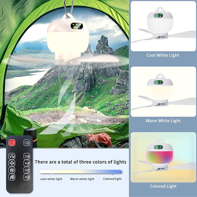 Rechargeable Tent Fan, Portable Hanging Camping Fan with LED Light & Remote, 8000mAh Battery Powered, 3 Speed with Timer for Outdoor, RV, Canopy, Beach, Patio & Gazebo