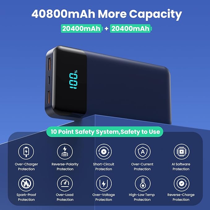 Portable Charger Power Bank 40800mAh with 3 Built-in Cables,25W Fast Phone Charging Portable Battery Pack,5 Outputs Travel Essentials Outdoor External Battery for iPhone 17/16,Galaxy Android etc-Blue