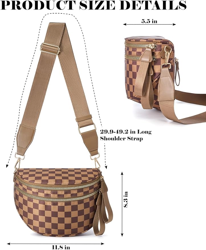 Black and White Checkered Crossbody Bag Bum Bag for Women,Spacious Checkered Purse Fanny Packs Belt Bag