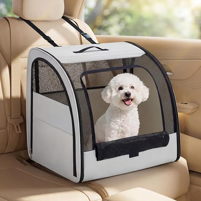 1 Pack Enclosed Dog Car Seat Carrier for Small Medium Dogs Cats 19.5 x 19 x 20 in Soft Sided Pet Travel Crate Kennel for Back Seat Breathable Mesh Windows, Foldable Kennel with Pad and Pocket