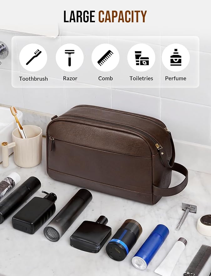 Large PU Leather Toiletry Bag for Men - Water Resistant Travel Bag for Toiletries, Bathroom Essentials, Accessories - Dark Brown