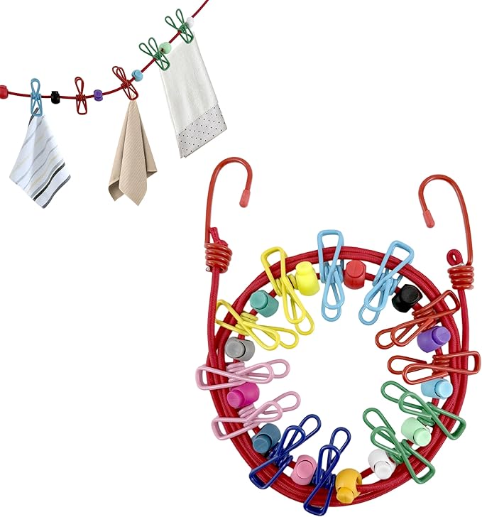 Portable Travel Clothesline,Adjustable Elastic Stretch Line with 12pcs Clothes Clips,for RV Outdoor and Indoor Camping Accessories (Red)