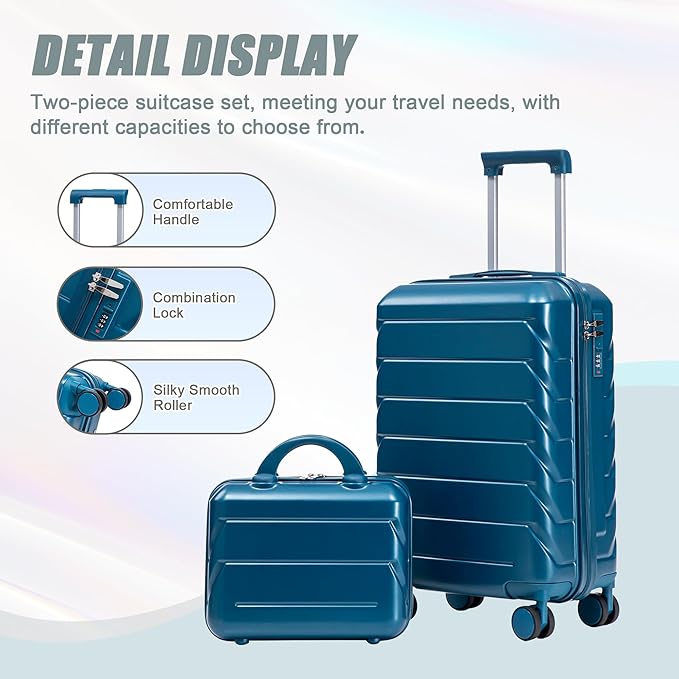 Kids Luggage Sets for Girls, 2 Piece Luggage Set, 20 Inch Rotating Wheel Suitcase with 14 Inch Cosmetic Case, Lightweight Hardshell Suitcase with 360° Spinner Wheels for Travel (Blue)