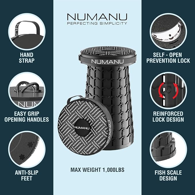 NUMANU 2026 Upgraded XXL Collapsible Stool with Cushion & Bag, 1000lbs Max Weight, 19.7" Heavy Duty Portable Retractable Telescoping Folding Seat Chair or Travel Footrest