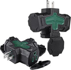 3 Outlet Indoor Outdoor Wall Adapter, ETL Listed 3-Prong Grounded Outlet Splitter, Weatherproof Heavy Duty Multi Outlet Power Plug Extender with Protective Cover, Black (Green, 2 Pack)