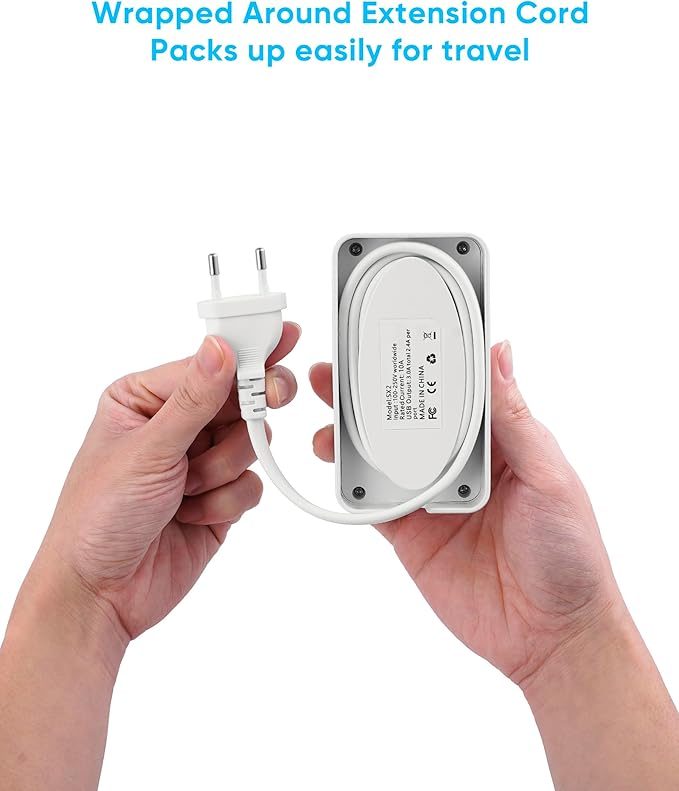 Kakyanill European Travel Plug Adapter, Type E F Plug Adapter, 6 AC Outlets, 4 USB Ports (2 USB C), 3ft Wrapped Around Extension Cord, for Germany France Travel